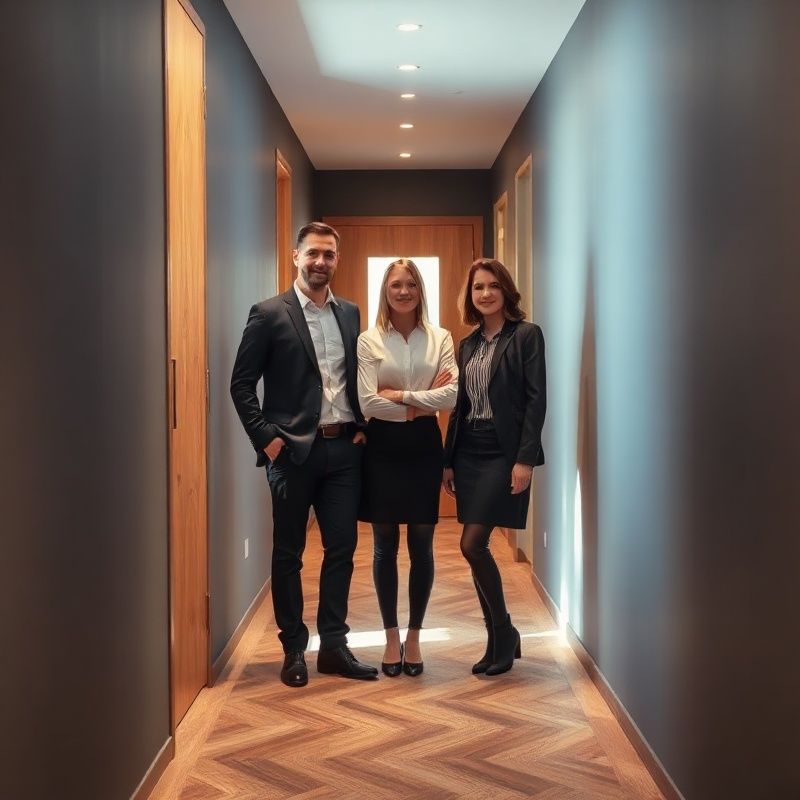 Echipă mică de consultanți într-un coridor de birou modern din Timișoara
