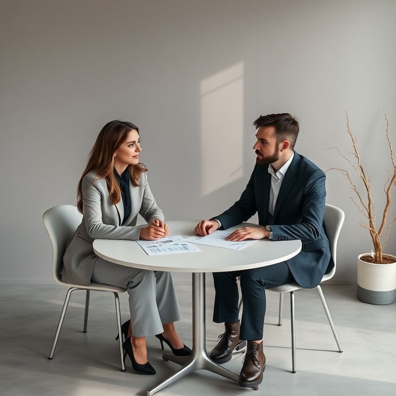 Două persoane la o masă minimalistă într-un birou de consultanță în tonuri de gri